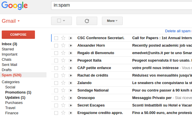 GMail screenshot with spam folder